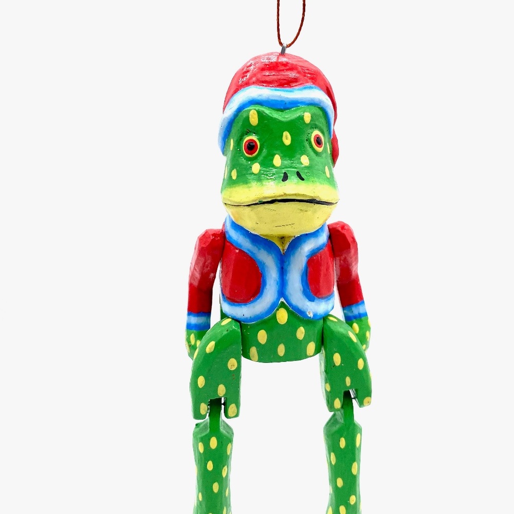 Monkey Business Hand Carved Santa Frog Ornament